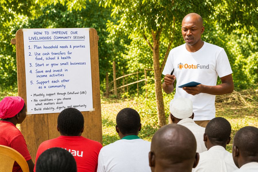 OotuFund facilitator leading a community session on livelihoods and cash transfer program